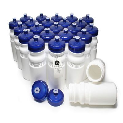 Rolling Sands Reusable Bulk Water Bottles 24 Pack - 20 Oz Sports Water Bottles, USA Made, BPA-Free, Wide Mouth for Easy Cleaning, Dishwasher Safe, Break Resistant - White Bottle/Navy Lid