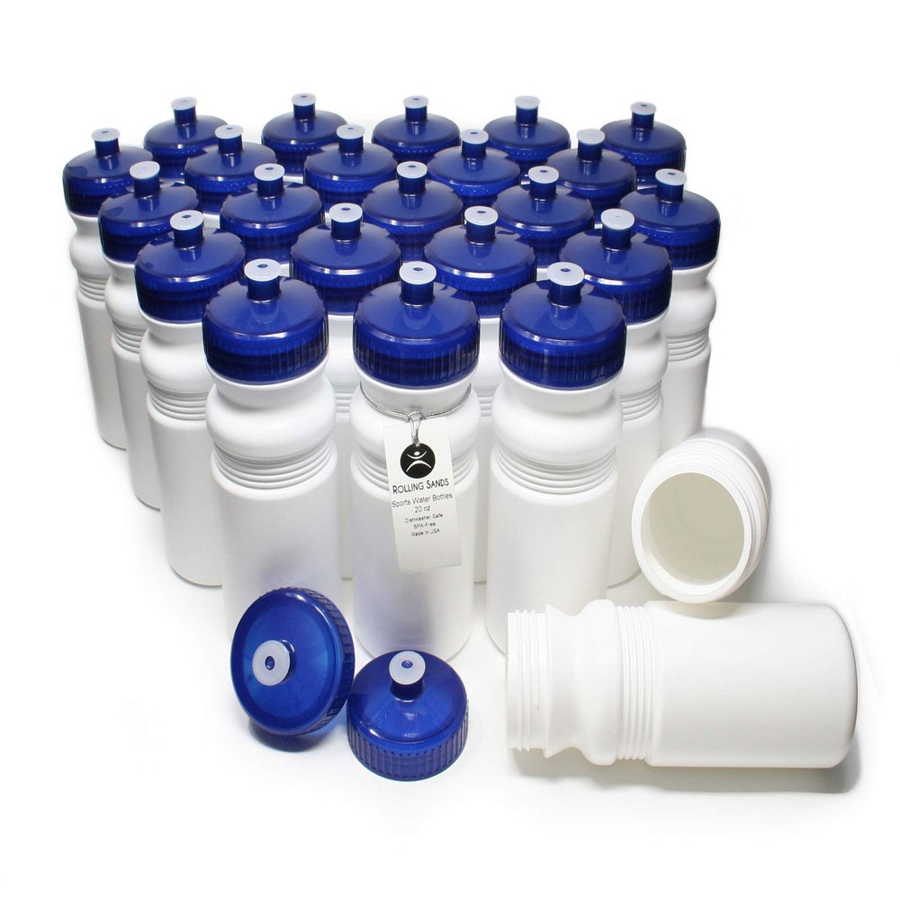Rolling Sands Reusable Bulk Water Bottles 24 Pack - 20 Oz Sports Water Bottles, USA Made, BPA-Free, Wide Mouth for Easy Cleaning, Dishwasher Safe, Break Resistant - White Bottle/Navy Lid