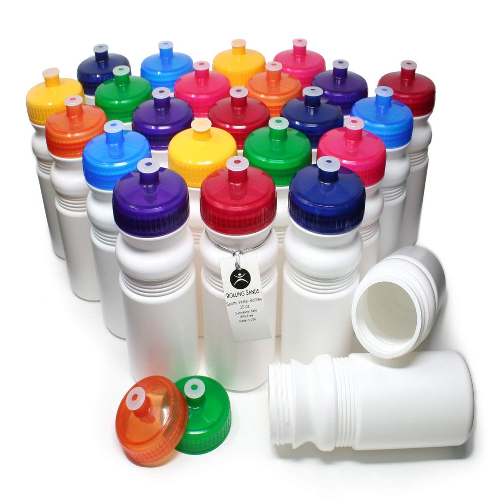 Rolling Sands Reusable Bulk Water Bottles 24 Pack - 20 Oz Sports Water Bottles, USA Made, BPA-Free, Wide Mouth for Easy Cleaning, Dishwasher Safe, Break Resistant - White Bottle/Variety Lid