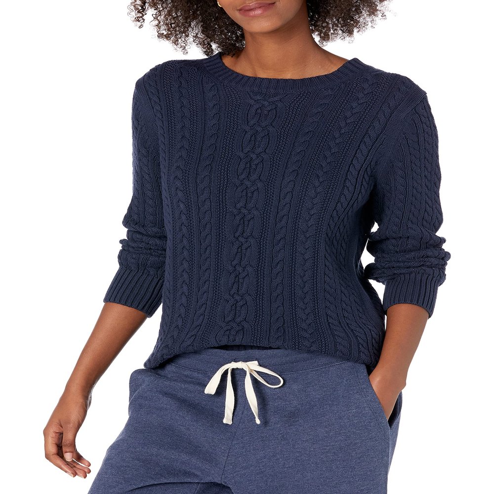 Amazon Essentials Women's Soft Fisherman Cable Long-Sleeve Crewneck Sweater (Available in Plus Size), Navy, Small