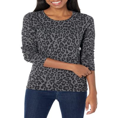 Amazon Essentials Women's Long-Sleeve Lightweight Crewneck Sweater (Available in Plus Size), Grey Cheetah Print, Small