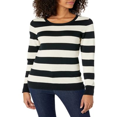 Amazon Essentials Women's Long-Sleeve Lightweight Crewneck Sweater (Available in Plus Size), Black Oatmeal Heather Rugby Stripe, Large