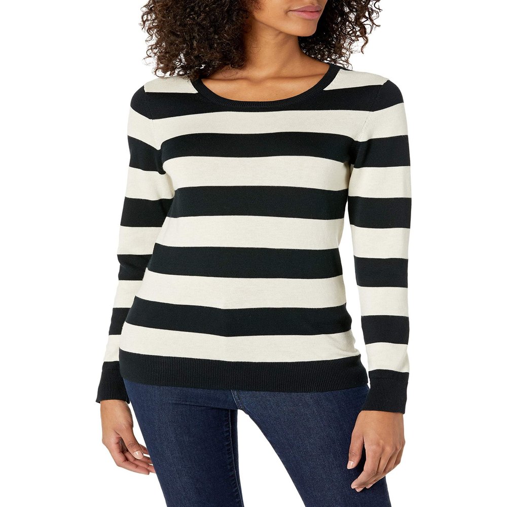 Amazon Essentials Women's Long-Sleeve Lightweight Crewneck Sweater (Available in Plus Size), Black Oatmeal Heather Rugby Stripe, Large