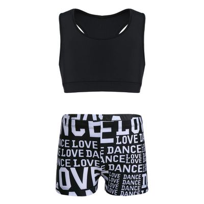 dPois Kids Girls 2 Pieces Dance Outfit Raceback Crop Tank Sport Bra and Sport Shorts Letter Printed Boyshorts Set Black 3-4