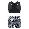 dPois Kids Girls 2 Pieces Dance Outfit Raceback Crop Tank Sport Bra and Sport Shorts Letter Printed Boyshorts Set Black 3-4 view 2