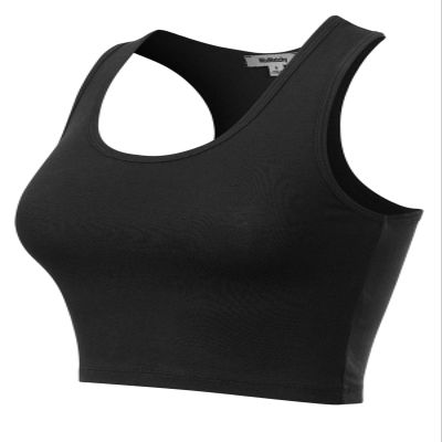 MixMatchy Women's Casual Basic Sports Crop Tank Tops Racerback Running Yoga Tanks Cotton Sleeveless Gym Shirts Black L