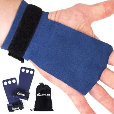 KAYANA 3 Hole Leather Gymnastics Hand Grips - Palm Protection and Wrist Support for Cross Training, Kettlebells, Pull ups, Weightlifting, Chin ups, Workout, & Exercise (Blue, Large)