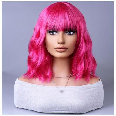 BERON Pink Women Wig Short Curly Wigs for Girls with Bangs Hot Pink Wavy Hair Wigs Colored Bob Shoulder Length Wig for Womens Girls Cosplay or Daily Use