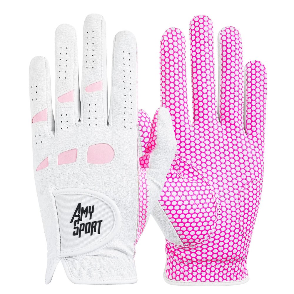 Amy Sport Womens Golf Glove 2 Pack Golf Gloves Women Right Handed Golfer Left Hand Ladies Rain Grip All Weather Pink Size Small Medium Large XL (Small, Worn on Right Hand)