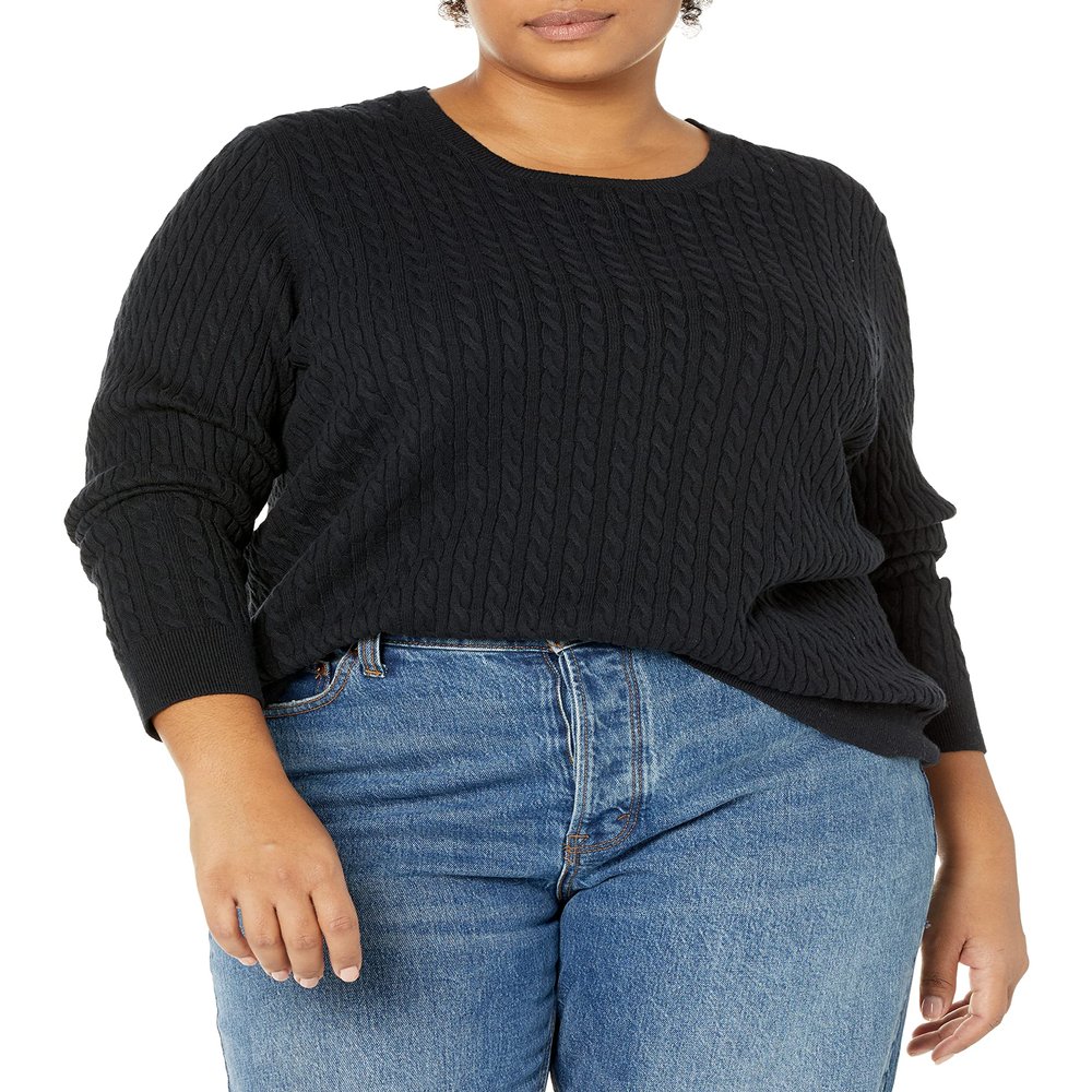 Amazon Essentials Women's Lightweight Long-Sleeve Cable Crewneck Sweater (Available in Plus Size), Black, Medium