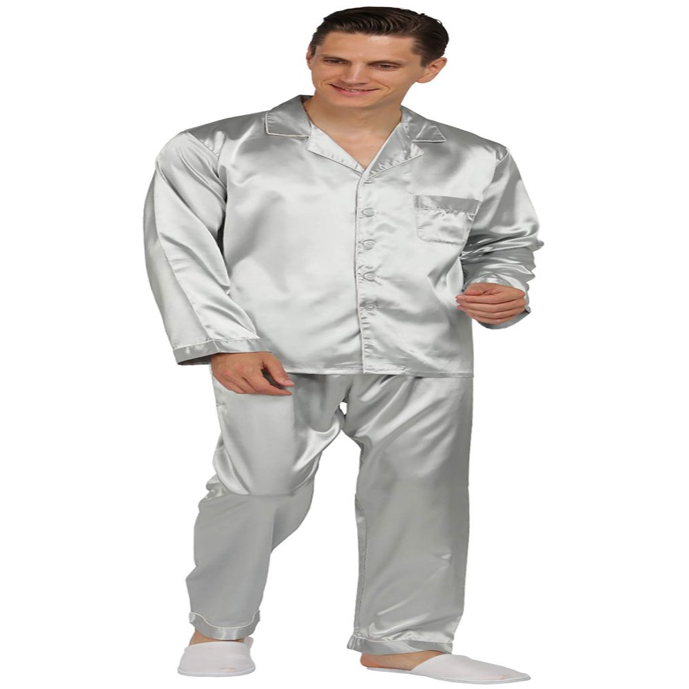 YIMANIE Mens Pajamas Silk Satin Pajamas for Men Soft Sleepwear Button Down Loungewear with Pockets Silver Grey