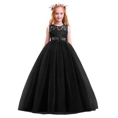 Big Girls Tulle Lace Princess Bowknot Dress Flower Girl Wedding Communion Evening Birthday Party Dress Black 4 Years
