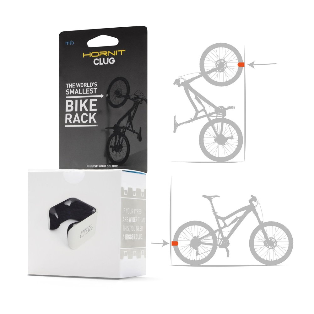 Hornit CLUG Bike Clip Storage Rack & Mount System - Worlds Smallest Bike Rack for Indoor/Outdoor Bike Storage - Won't Damage Rims, Tires - MTB Fits Tires 1.75" - 2.25" / 44-57mm - White/Orange