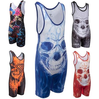 KO Sports Gear Unisex Wrestling Singlet for Adult Wrestlers - Wrestling Singlet for Men & Women - Bold Durable Uniform, Stretchy Breathable Material - Blue Skull, Adult Large