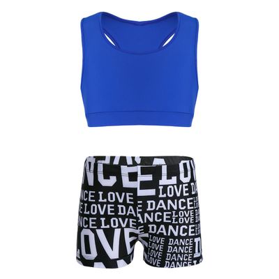 dPois Kids Girls 2 Pieces Dance Outfit Raceback Crop Tank Sport Bra and Sport Shorts Letter Printed Boyshorts Set Blue&Black 10-12
