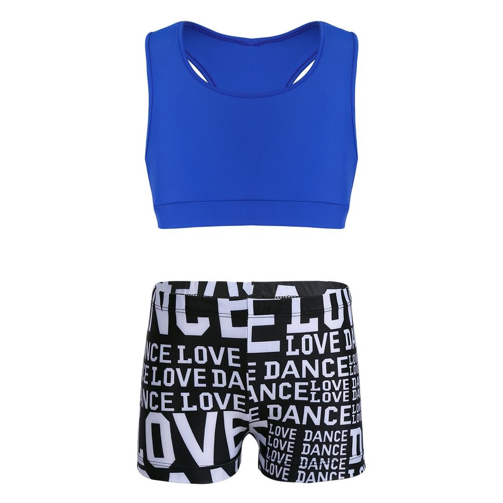 dPois Kids Girls 2 Pieces Dance Outfit Raceback Crop Tank Sport Bra and Sport Shorts Letter Printed Boyshorts Set Blue&Black 10-12