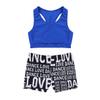 dPois Kids Girls 2 Pieces Dance Outfit Raceback Crop Tank Sport Bra and Sport Shorts Letter Printed Boyshorts Set Blue&Black 10-12 view 3