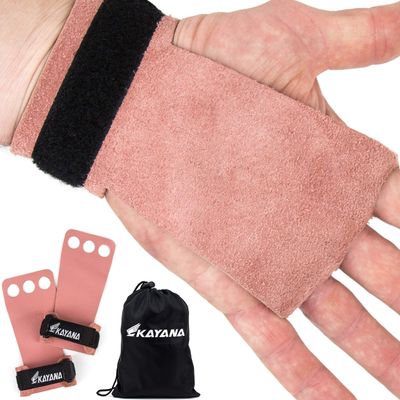 KAYANA 3 Hole Leather Gymnastics Hand Grips - Palm Protection and Wrist Support for Cross Training, Kettlebells, Pull ups, Weightlifting, Chin ups, Workout, & Exercise (Pink, Large)