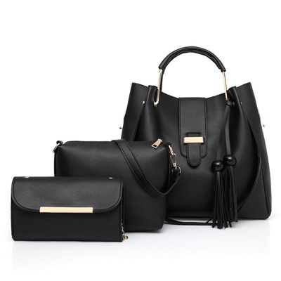 KOSSJAA Handbag ladies satchel purses and handbags for women Tote Bag Shoulder Bags Hobo Top Handle Purses 3PCS PU set (black)