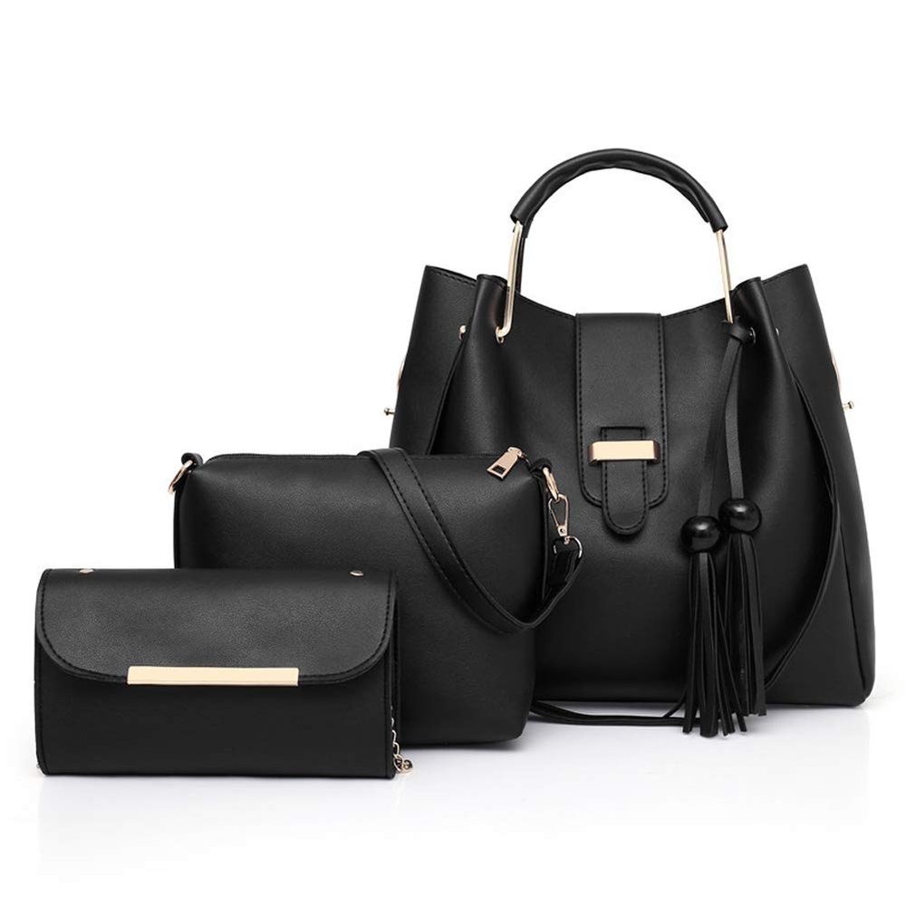 KOSSJAA Handbag ladies satchel purses and handbags for women Tote Bag Shoulder Bags Hobo Top Handle Purses 3PCS PU set (black)