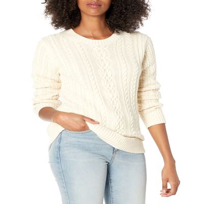 Amazon Essentials Women's Soft Fisherman Cable Long-Sleeve Crewneck Sweater (Available in Plus Size), Cream, X-Small