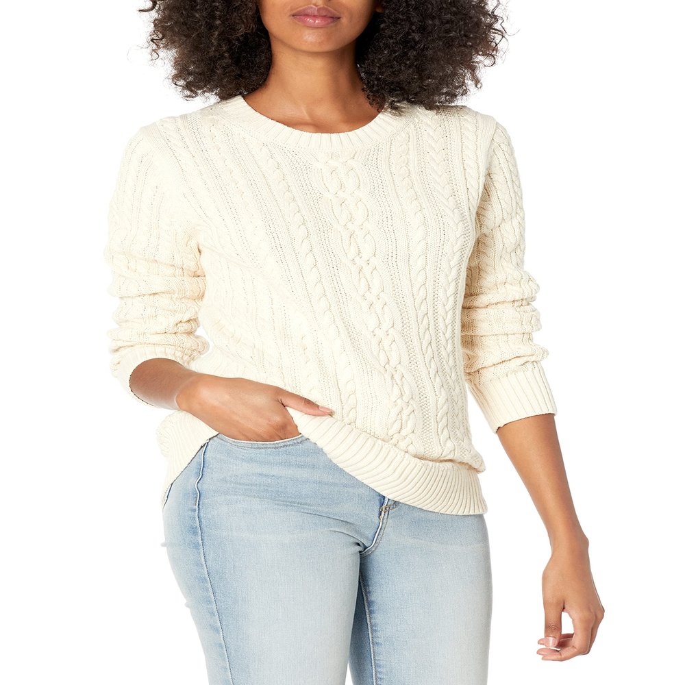 Amazon Essentials Women's Soft Fisherman Cable Long-Sleeve Crewneck Sweater (Available in Plus Size), Cream, X-Small