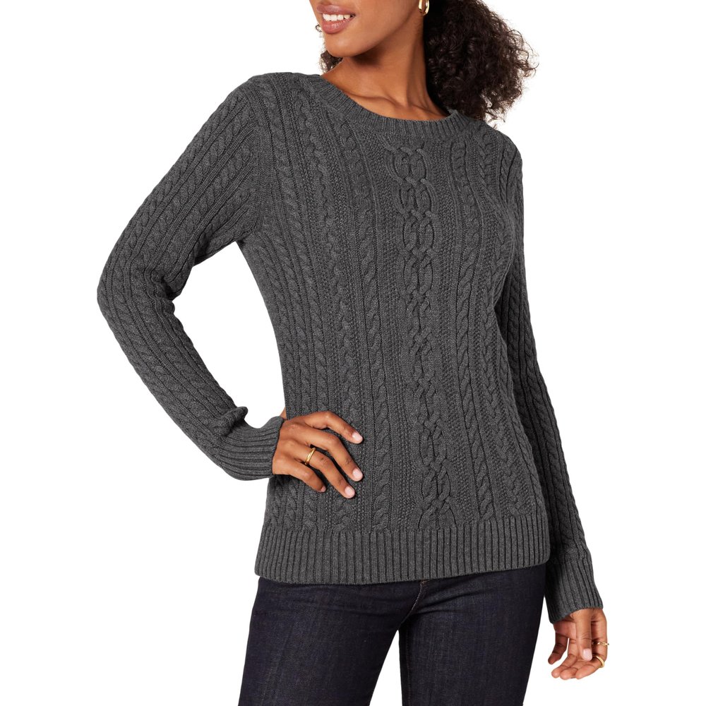 Amazon Essentials Women's Soft Fisherman Cable Long-Sleeve Crewneck Sweater (Available in Plus Size), Charcoal Heather, Small