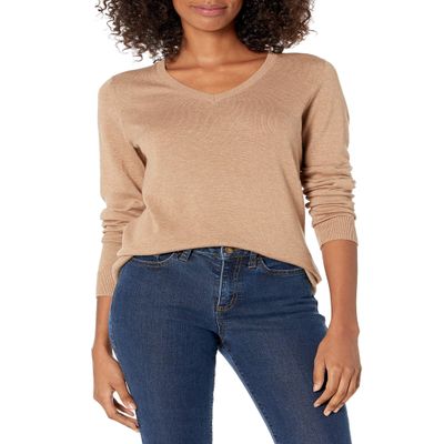 Amazon Essentials Women's Regular-Fit Lightweight Long-Sleeve V-Neck Sweater (Available in Plus Size), Camel Heather, 1X