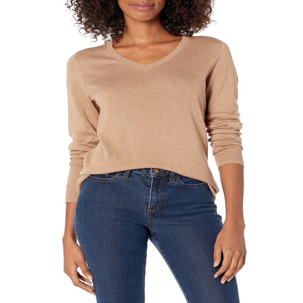 Amazon Essentials Women's Regular-Fit Lightweight Long-Sleeve V-Neck Sweater (Available in Plus Size), Camel Heather, 1X