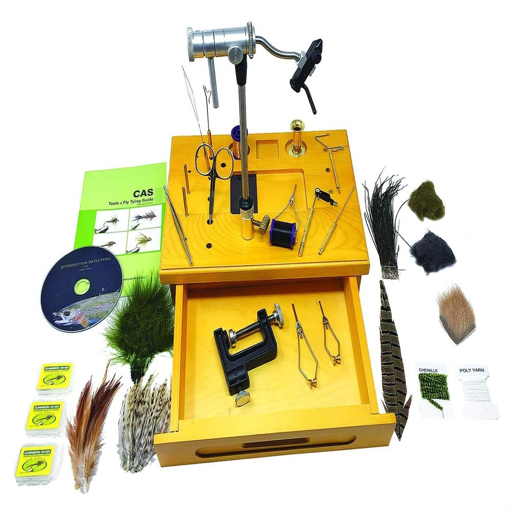 Creative Angler Wooden Fly Tying Station with Rotary Vise, Fly Tying Tools, and Fly Tying Materials