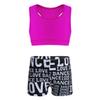 dPois Kids Girls 2 Pieces Dance Outfit Raceback Crop Tank Sport Bra and Sport Shorts Letter Printed Boyshorts Set Rose&Black 3-4 view 1