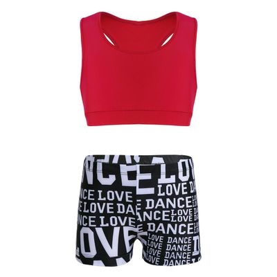 dPois Kids Girls 2 Pieces Dance Outfit Raceback Crop Tank Sport Bra and Sport Shorts Letter Printed Boyshorts Set Red 3-4