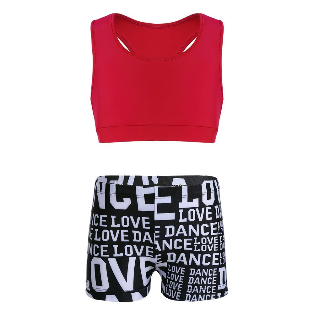 dPois Kids Girls 2 Pieces Dance Outfit Raceback Crop Tank Sport Bra and Sport Shorts Letter Printed Boyshorts Set Red 3-4