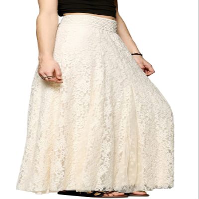 CHARTOU Womens Elegant Floral Lace Elastic High Waist Pleated Maxi Long Beach Skirts (Medium, Beige)