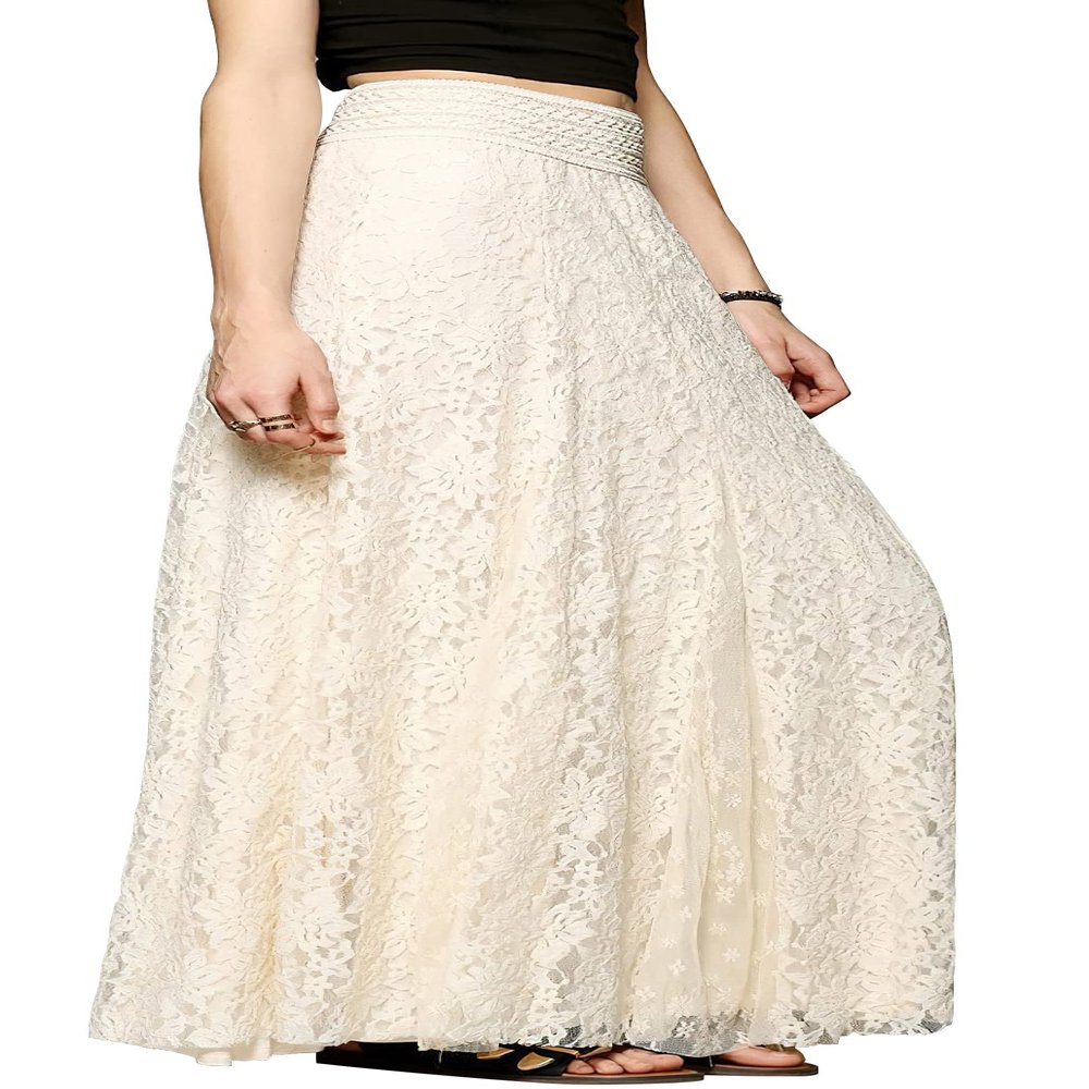 CHARTOU Womens Elegant Floral Lace Elastic High Waist Pleated Maxi Long Beach Skirts (Medium, Beige)