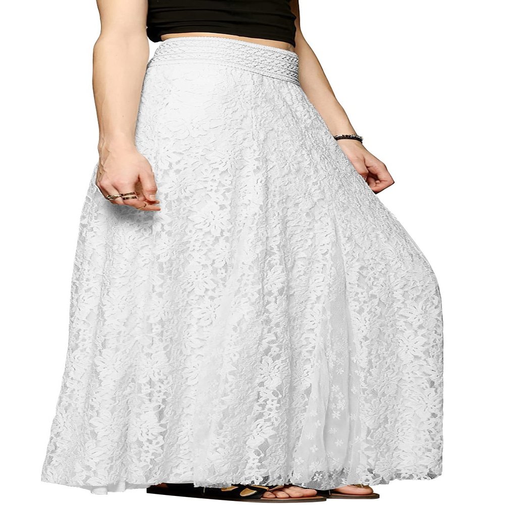 CHARTOU Womens Elegant Floral Lace Elastic High Waist Pleated Maxi Long Beach Skirts (X-Small, White)