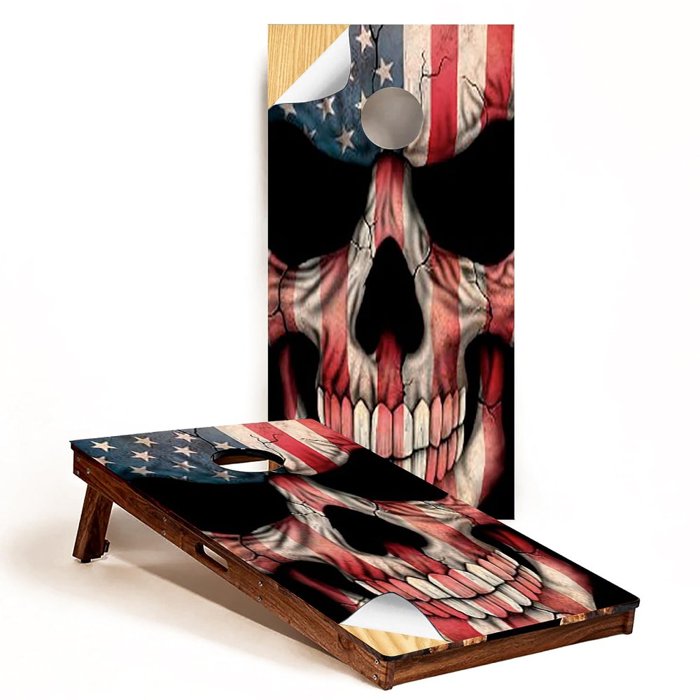 GRAPHIX Express - American Flag Cornhole Board Wrap - C22 American Flag Skull - Laminated Weatherproof Vinyl Decal - Easy Bubble-Free Application - Stickers Dimensions: 2' x 4' - Set of 2