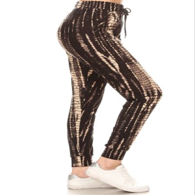 Leggings Depot JGA-S709-S Black and Tan Tie Dye Print Jogger Pants w/Pockets, Small