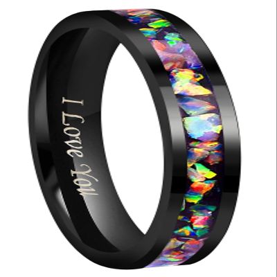 CROWNAL 4mm Handmade Genuine Crushed Fire Opal Balck Tungsten Carbide Men Women Wedding Band Engraved I Love You Size 7 To 17 (4mm,6.5)