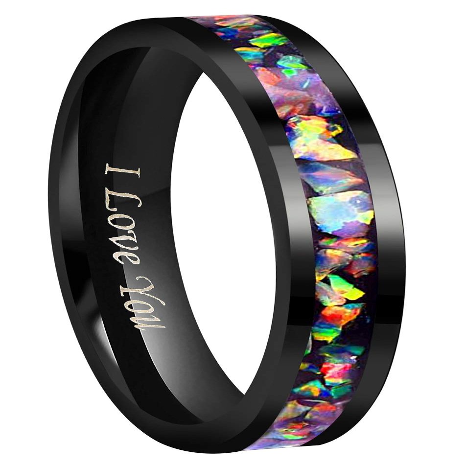 CROWNAL 4mm Handmade Genuine Crushed Fire Opal Balck Tungsten Carbide Men Women Wedding Band Engraved I Love You Size 7 To 17 (4mm,6.5)