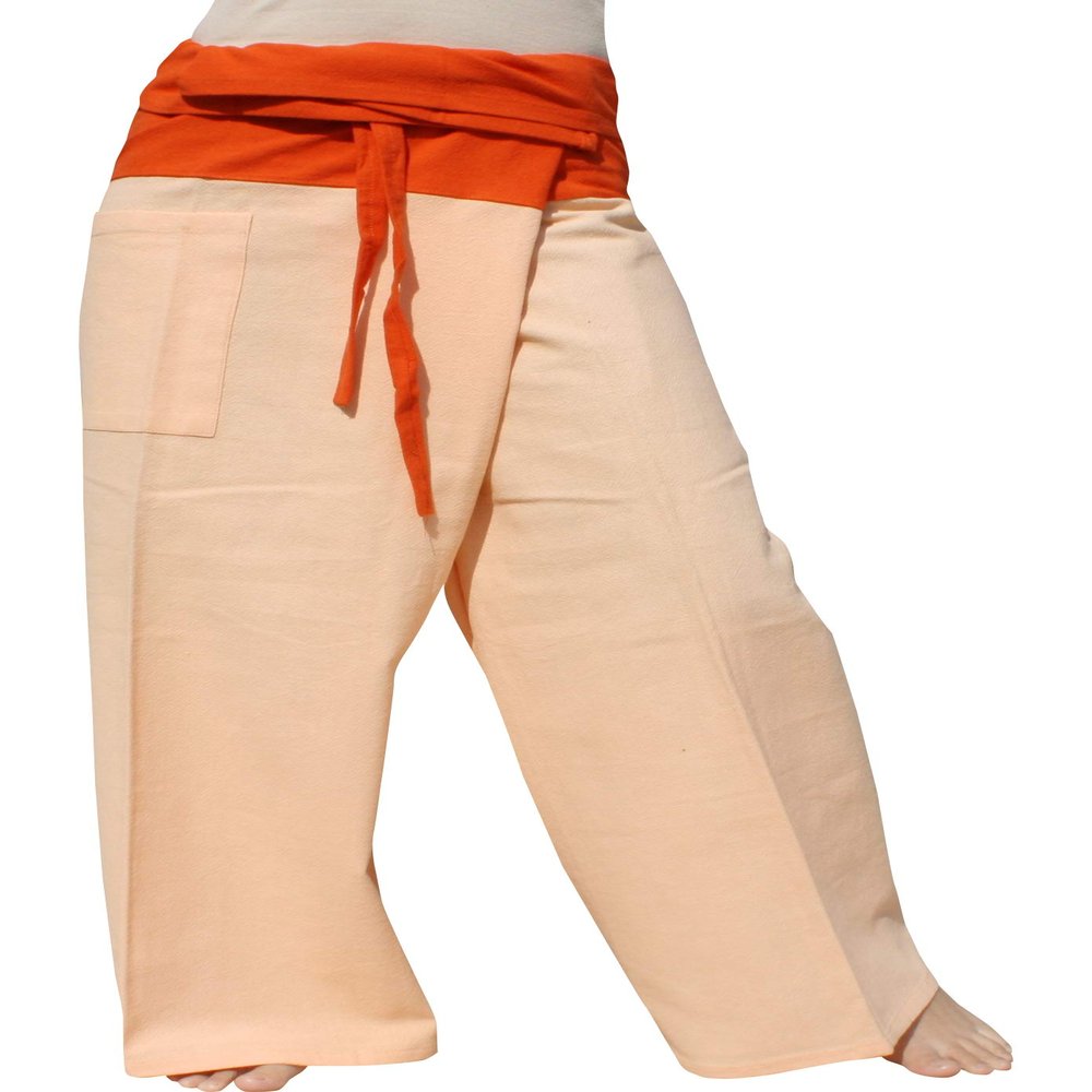 RaanPahMuang Brand Thick Cotton Two Tone Thailand Fisherman Wrap Pants Tall, Small, Orange with Light Orange