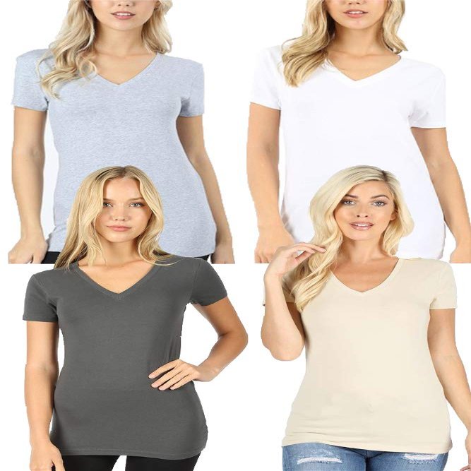 4 Pack Zenana Women's Basic V-Neck T-Shirts - Ash Gray/Taupe/H Gray/White - Large