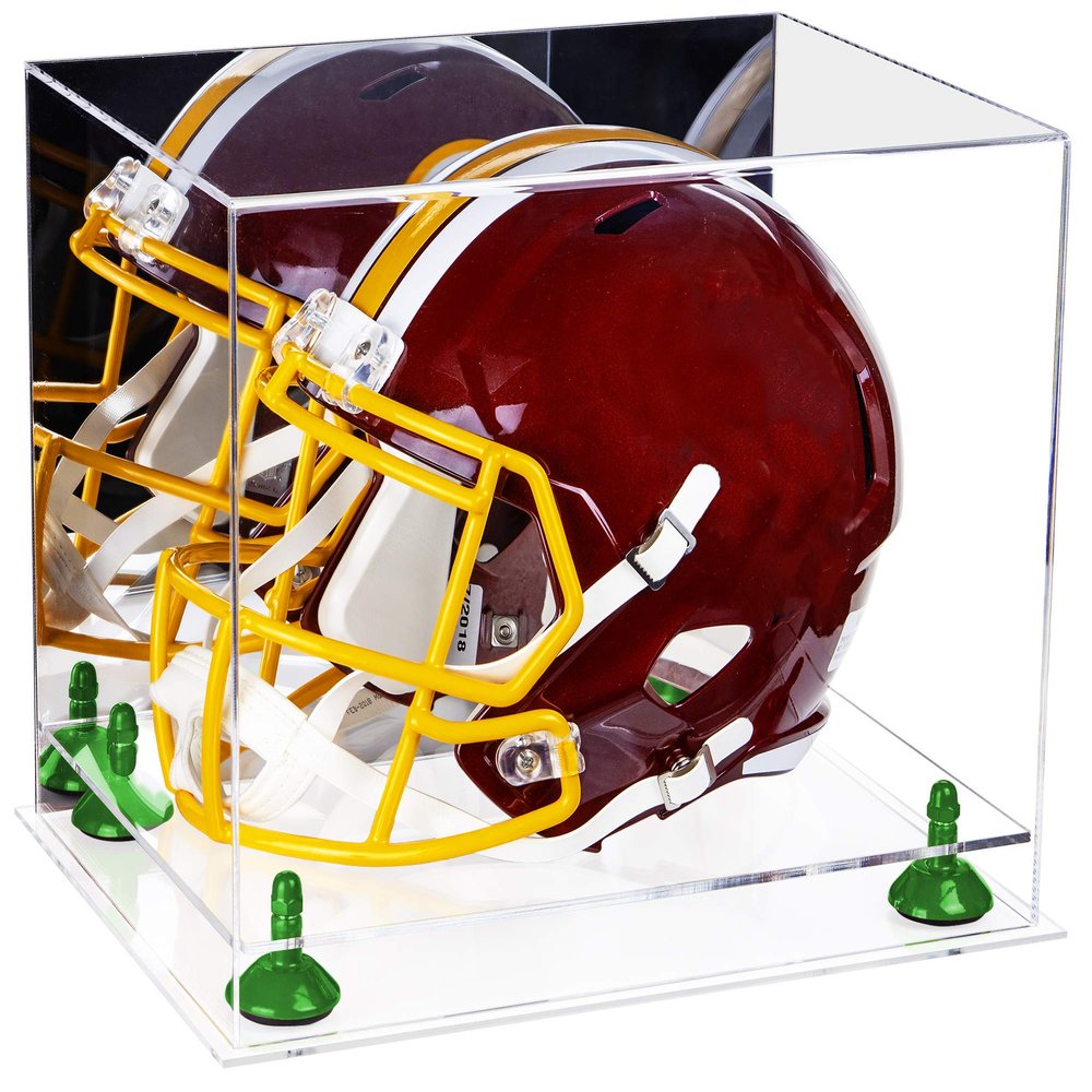 Acrylic Display Case for Full Size Football Helmet Premium Football Display Case with Clear Base & Green Risers Protects Sports Memorabilia & Collectibles, Dimension 14.5" L x 11" W x 12" H(A002-GRR)