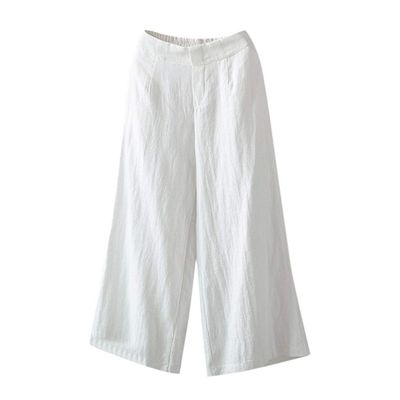 JOFOW Pants Wide Leg Womens Cotton Blend Solid Loose Swing Comfy High Waist Pajamas Bottom Home Dress Casual Long Trousers (XL,Cream)