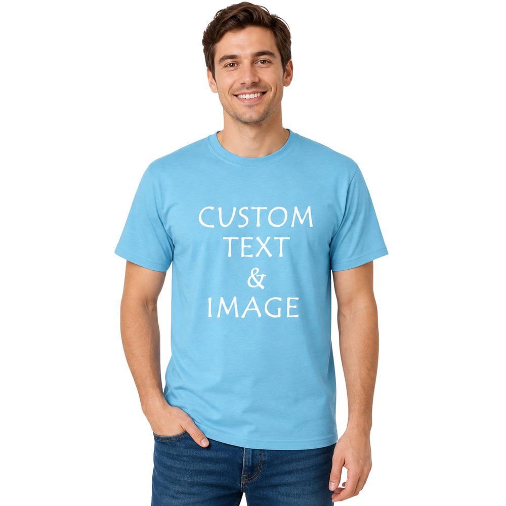 Custom T Shirts for Men Women Personalized Photo Text Logo Unisex Cotton Tee Design Your Own Front Back Print Adult Shirt Light Blue