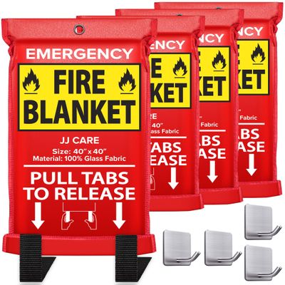JJ CARE Fire Blanket  4 Packs with Hooks  Emergency Fire Blanket for Home & Kitchen, High Heat Resistant Fire Suppression Blankets for Home Safety, Kitchen, and Camping