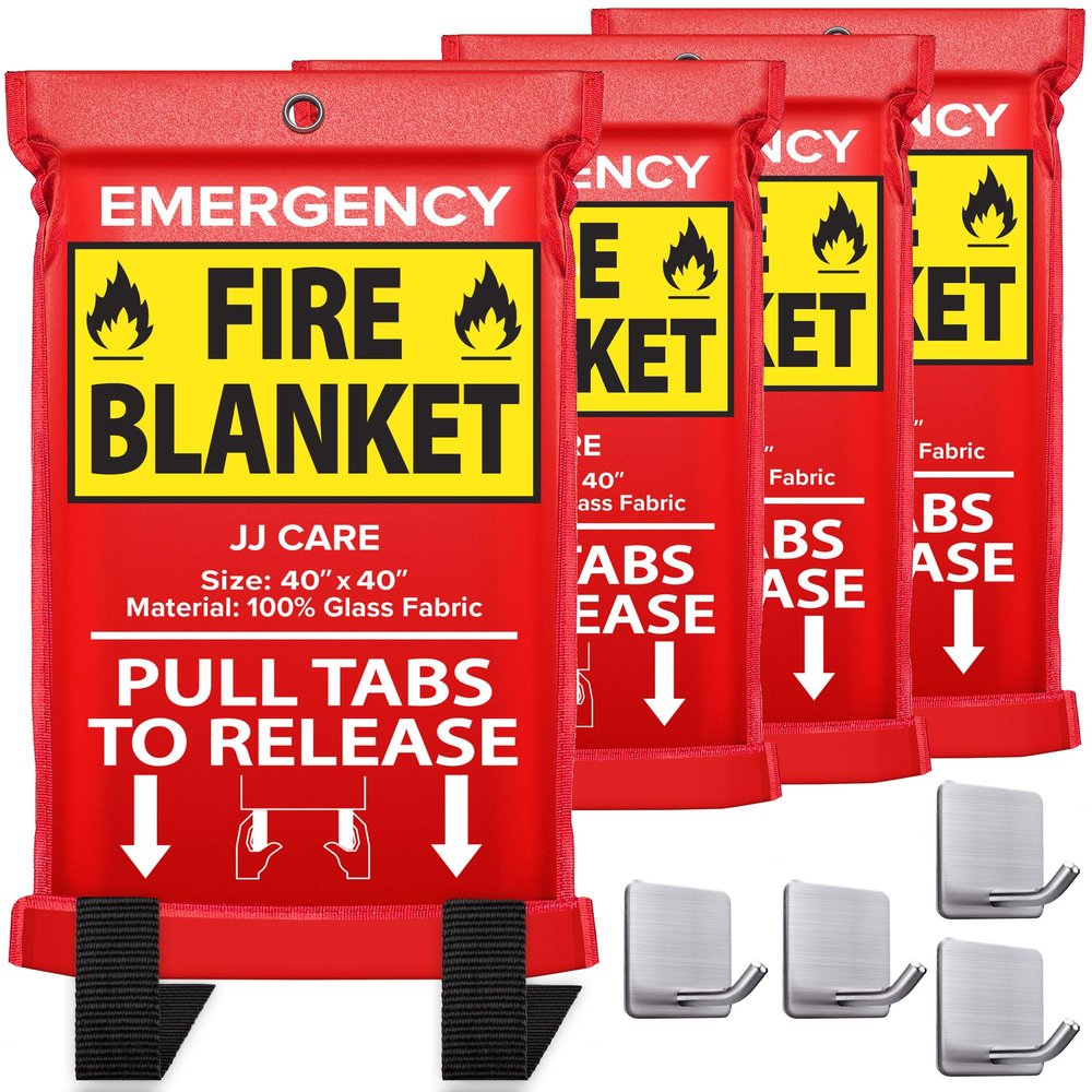 JJ CARE Fire Blanket  4 Packs with Hooks  Emergency Fire Blanket for Home & Kitchen, High Heat Resistant Fire Suppression Blankets for Home Safety, Kitchen, and Camping