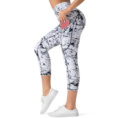 Dragon Fit High Waist Yoga Leggings with 3 Pockets,Tummy Control Workout Running 4 Way Stretch Yoga Pants (X-Large, Capri29-Marble)