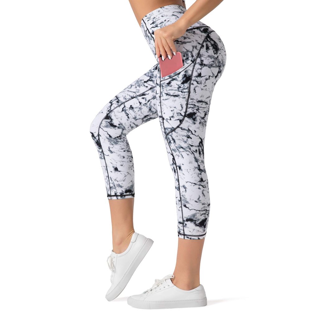 Dragon Fit High Waist Yoga Leggings with 3 Pockets,Tummy Control Workout Running 4 Way Stretch Yoga Pants (X-Large, Capri29-Marble)