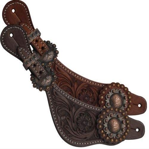 Showman Ladies Size Argentina Cow Leather Floral Tooled Spur Straps w/Copper Conchos
